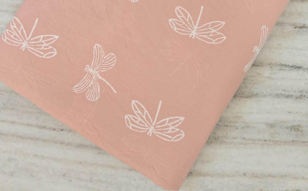 Soft Lightweight Peach Dragonfly Print Cotton Fabric, Indian Hand Block Print Fabric, 100% Cotton Fabric By The Yard, Loose Running Fabric