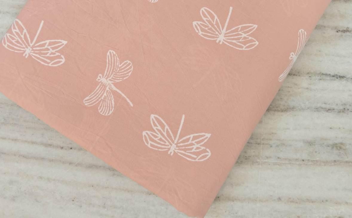 Soft Lightweight Peach Dragonfly Print Cotton Fabric, Indian Hand Block Print Fabric, 100% Cotton Fabric By The Yard, Loose Running Fabric