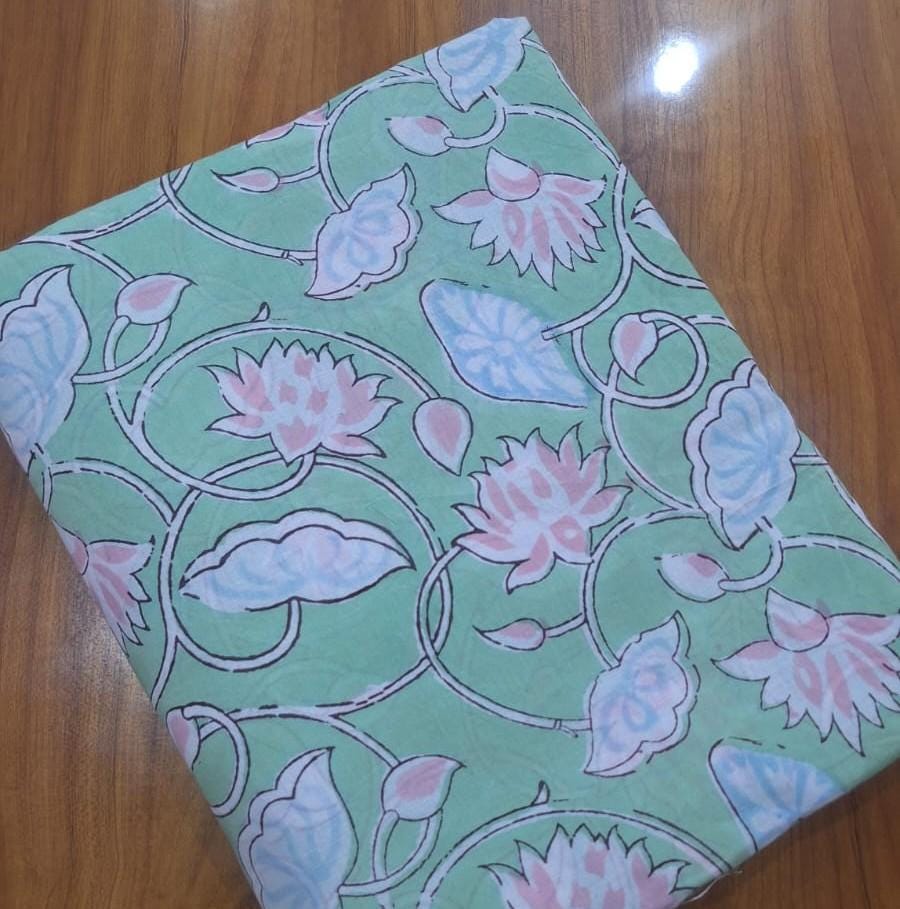 Green Cotton Fabric, Floral Block Print Fabric, Indian Hand Block Print Cotton Fabric by Yard, Boho Sewing Quilting Fabric, Napkin, Curtains