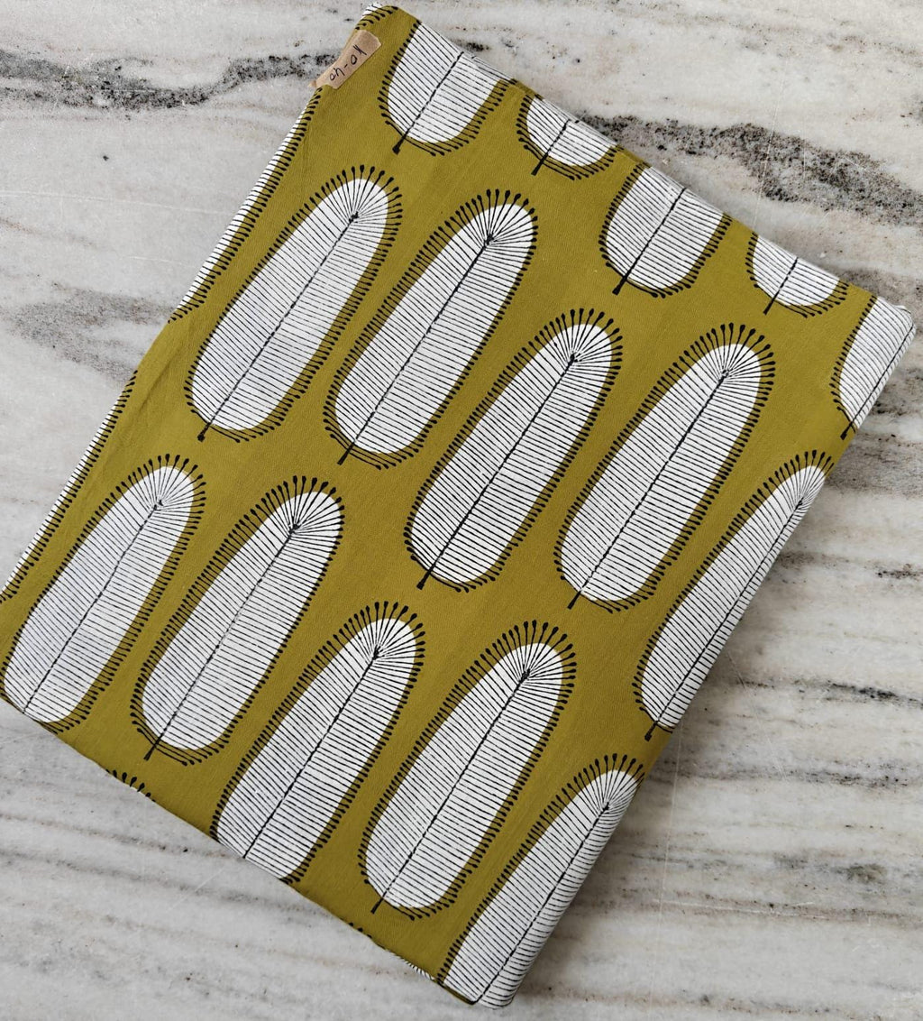 Mustard Yellow Cotton Fabric with Feather Print | Modern Leaf Pattern | Soft Indian Fabric by the Yard for Quilting, Sewing & Dressmaking