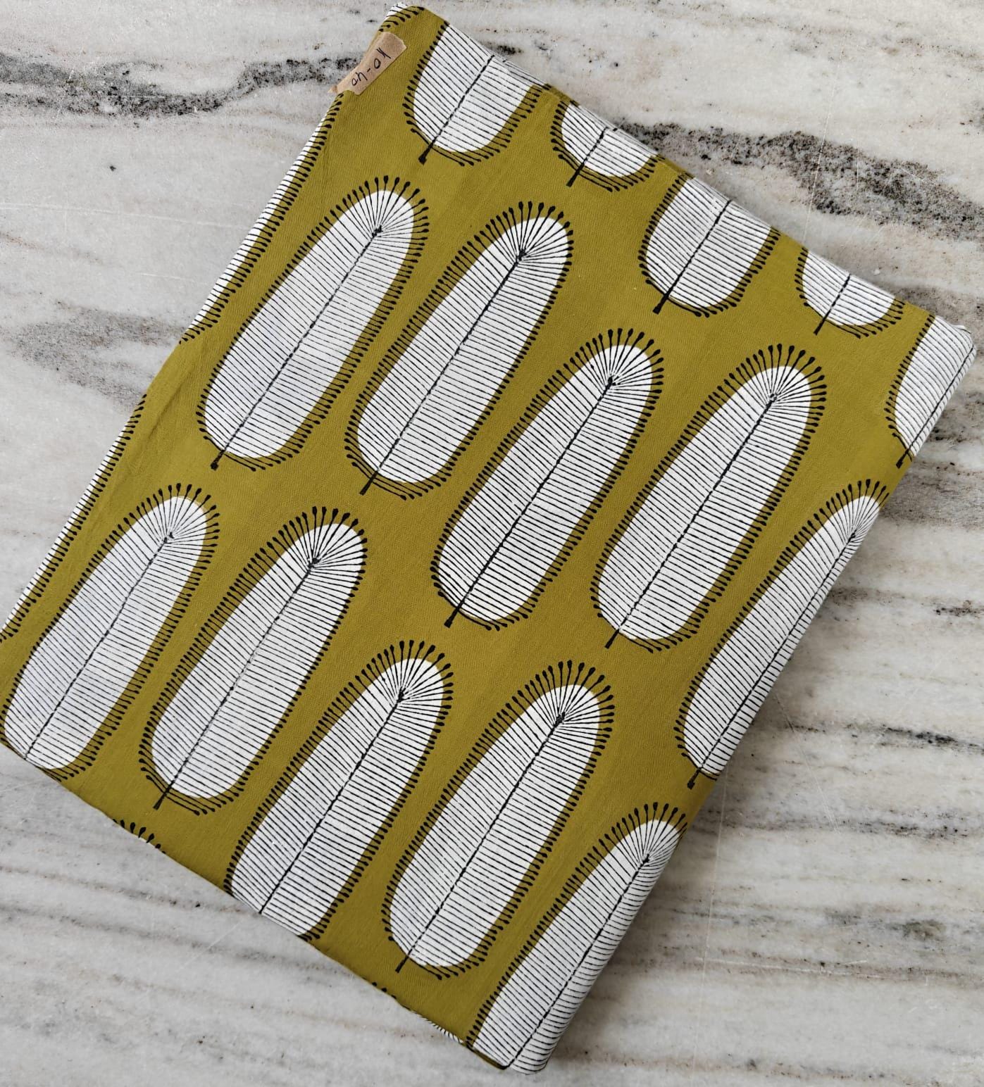 Mustard Yellow Cotton Fabric with Feather Print | Modern Leaf Pattern | Soft Indian Fabric by the Yard for Quilting, Sewing & Dressmaking