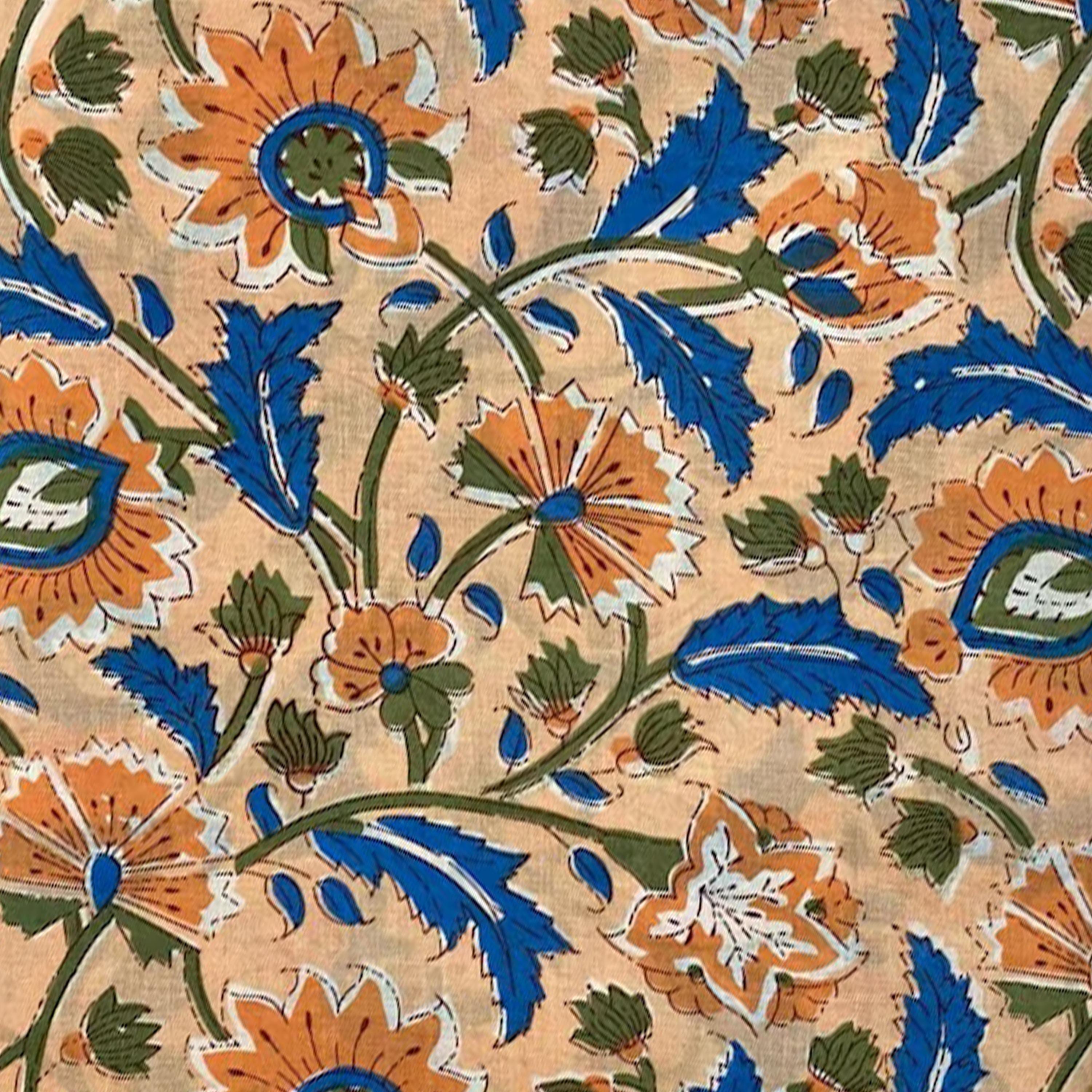 Beige Floral Cotton Cushion Cover, Hand Block Print Pillow Cover, Blue Orange Flower Throw Pillow, Boho Decorative Cushion, Gifr For Her