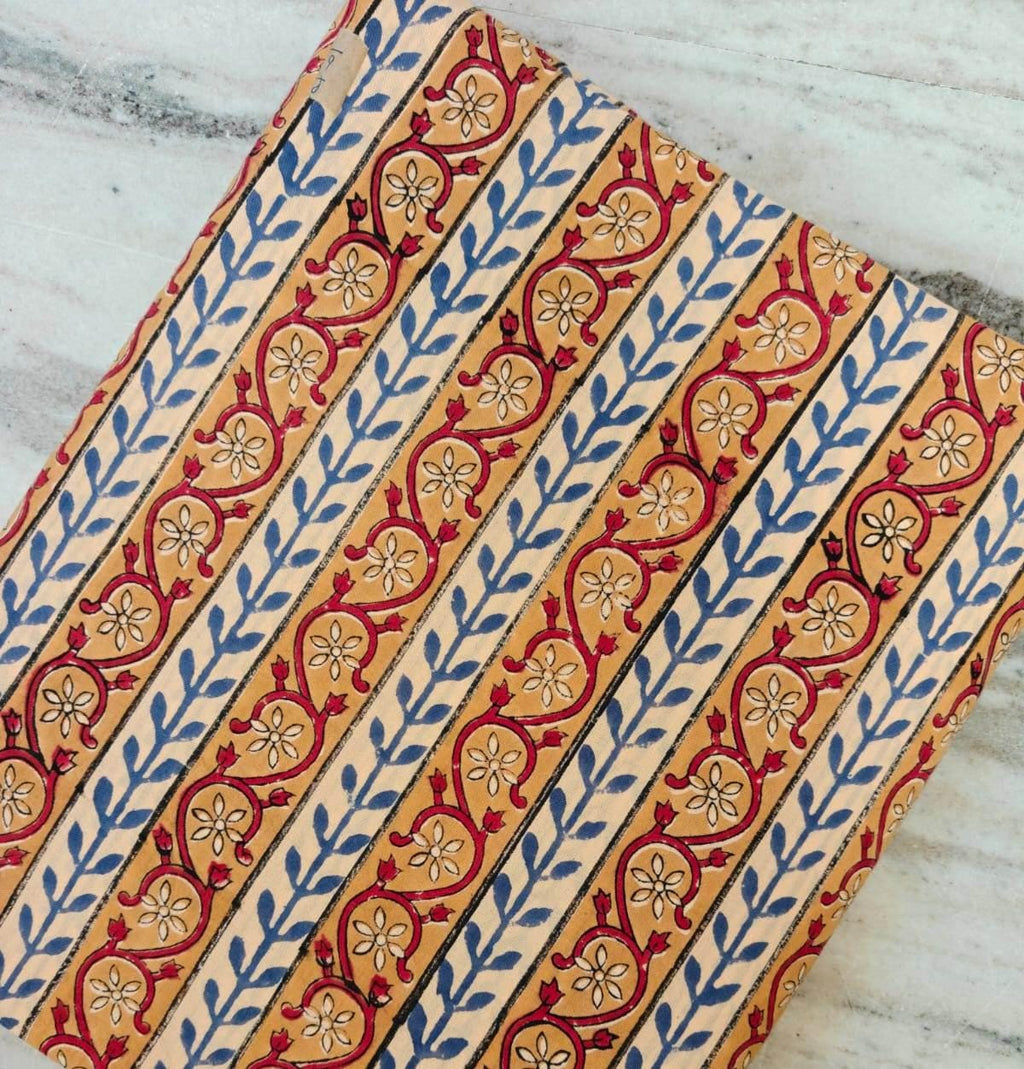 Blue Leaf Floral Cotton Fabric by the Yard, Indian Block Print Fabric, Mustard Striped Paisley Fabric, Quilting Dressmaking Craft Fabric