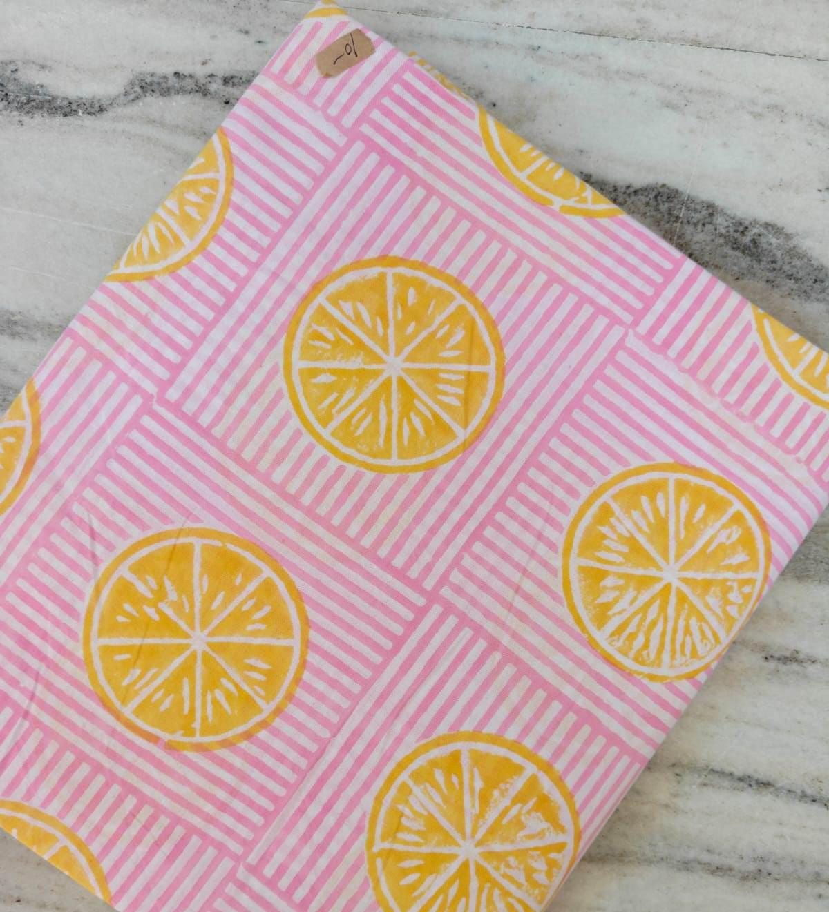 Pink Floral Cotton Fabric, Lemon Slice Hand Block Fabric Print by the Yard, Yellow Citrus Print on Striped Background, Indian Soft Cotton