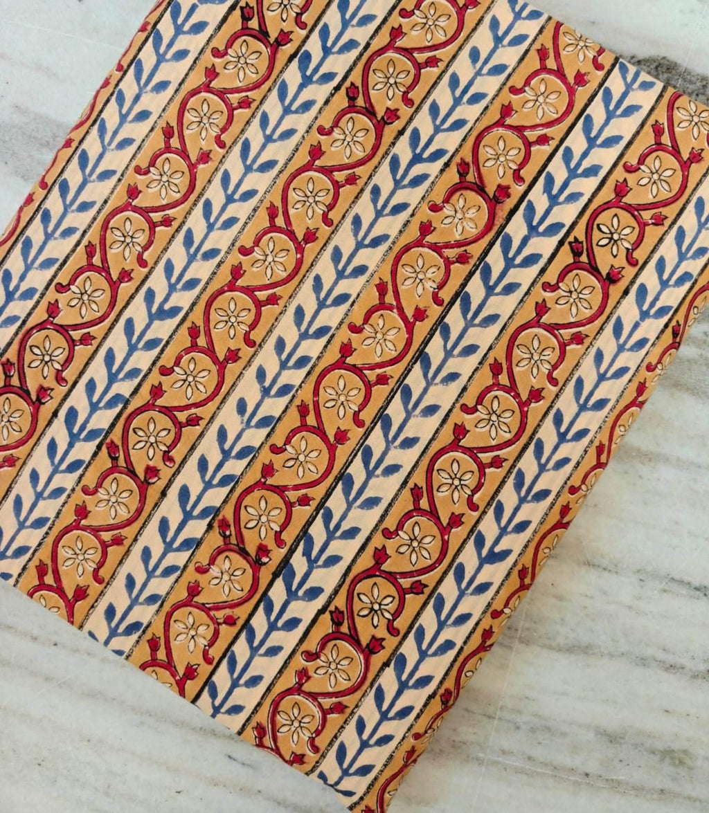 Blue Leaf Floral Cotton Fabric by the Yard, Indian Block Print Fabric, Mustard Striped Paisley Fabric, Quilting Dressmaking Craft Fabric