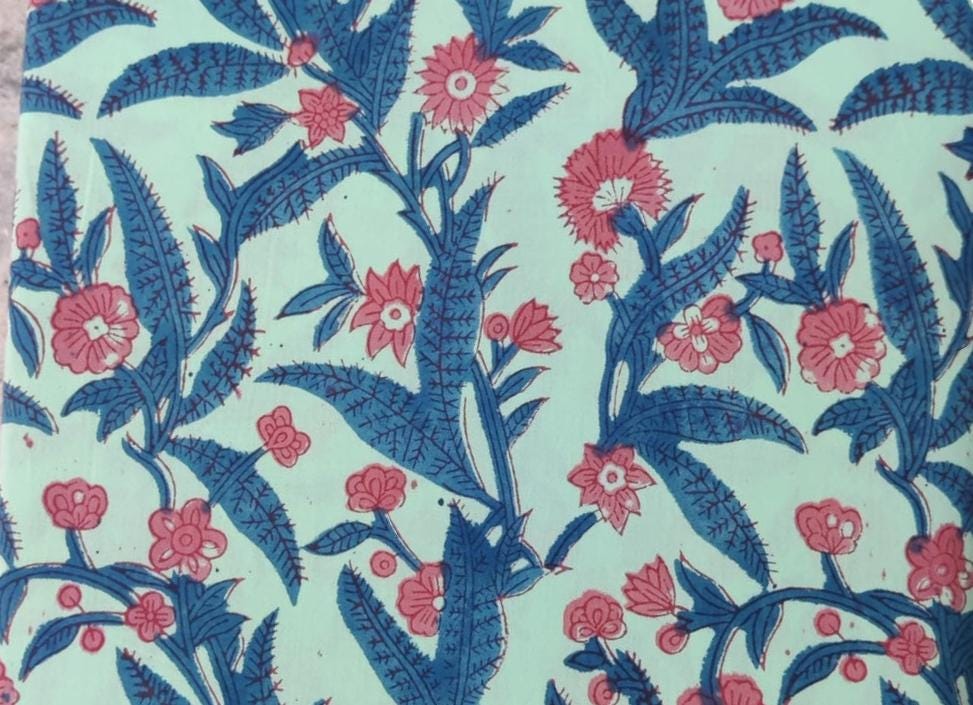 Blue Green Indian Hand Block Print Fabric, 100% Cotton Quilting Fabric By The Yard, Dressmaking Fabric, Loose Running Fabric, Napkin Fabric