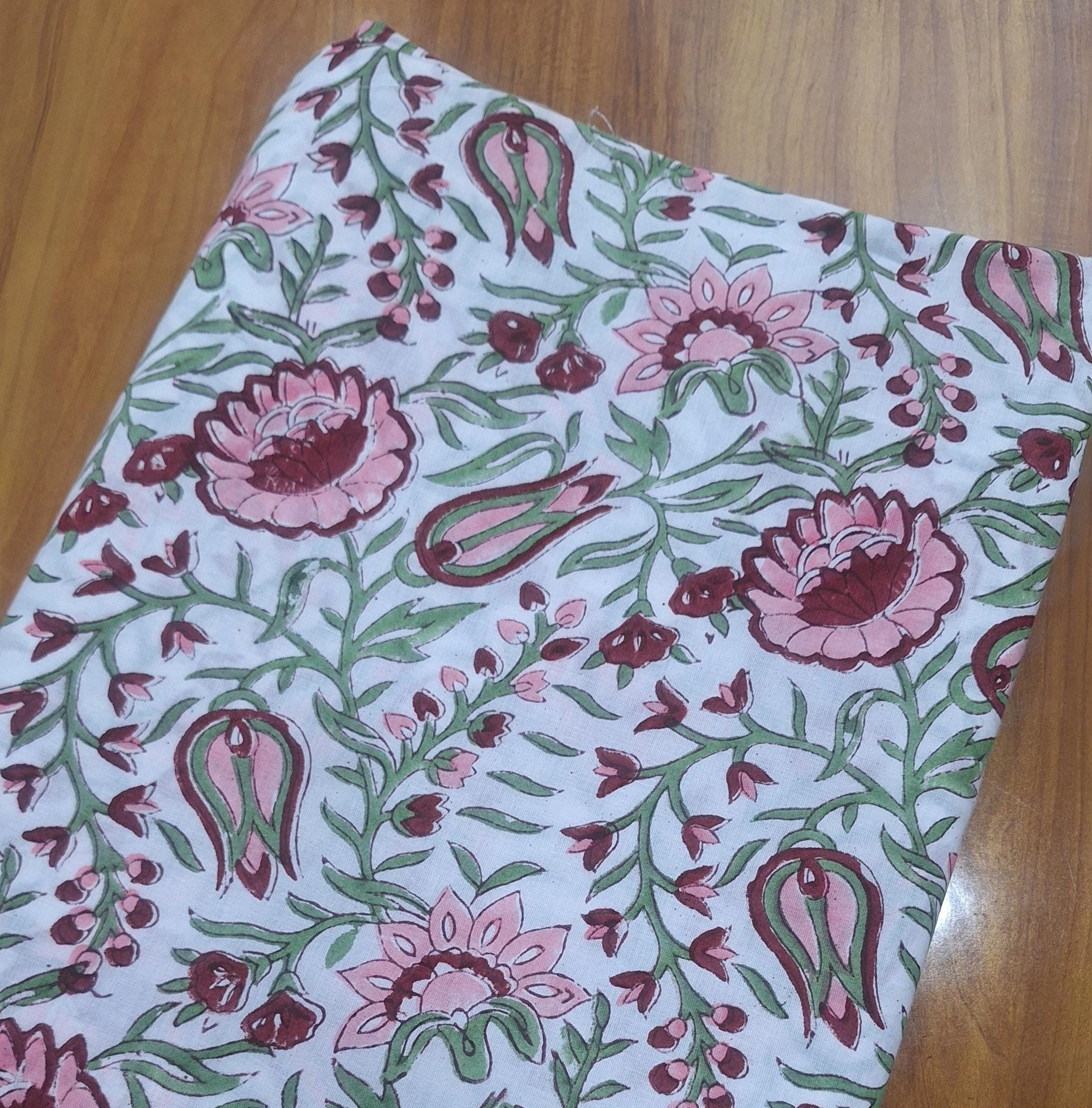Pink Floral Cotton Fabric, Hand Block Print Indian Cotton, Soft Lightweight Fabric for Dressmaking, Quilting, Sewing & DIY Crafts