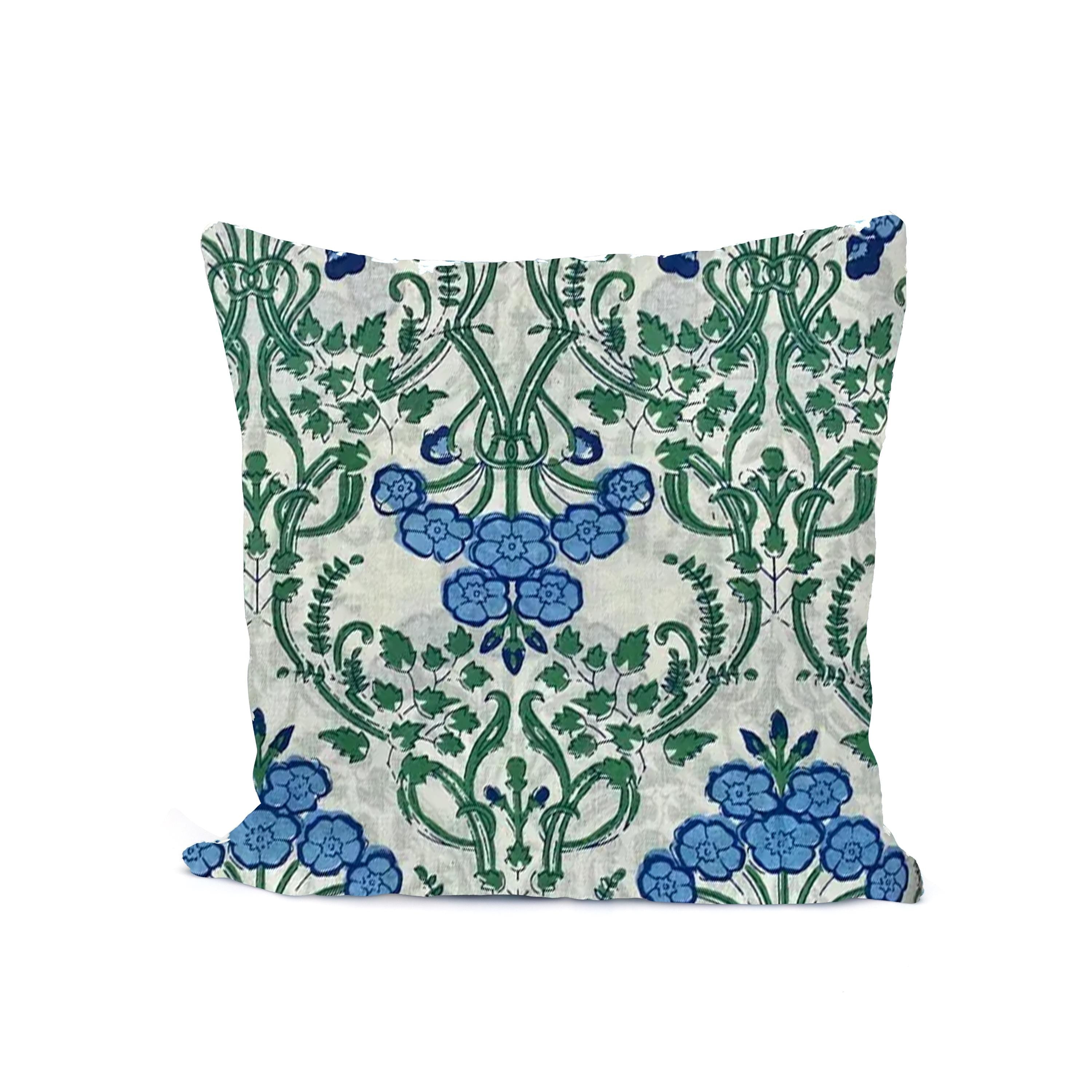 Blue Green Floral Cushion Cover, Hand Block Print Pillow Cover, Indian Cotton Throw Pillow, Vintage Botanical Decor, Decorative Sofa Cushion