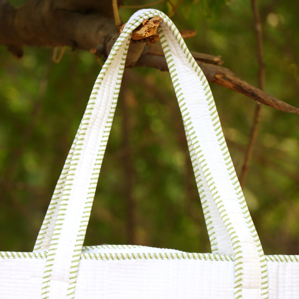 Handmade White Quilted Tote Bag with Embroidery | Floral Cotton Handbag | Minimalist Everyday Tote | Lightweight Shoulder Bag | Gift for Her