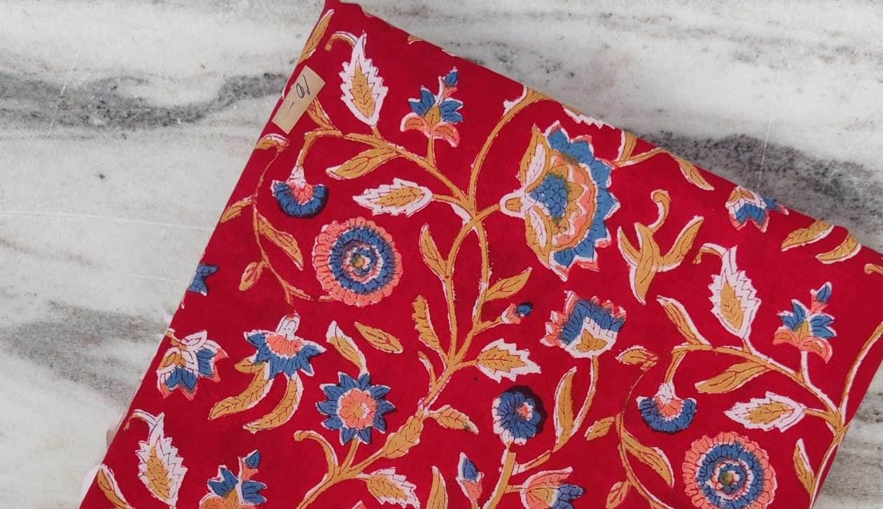 Designer Red Floral 100% Cotton Fabric by the Yard, Block Print Fabric for Quilting, Dressmaking Fabric, Loose Running Fabric Textile Fabric