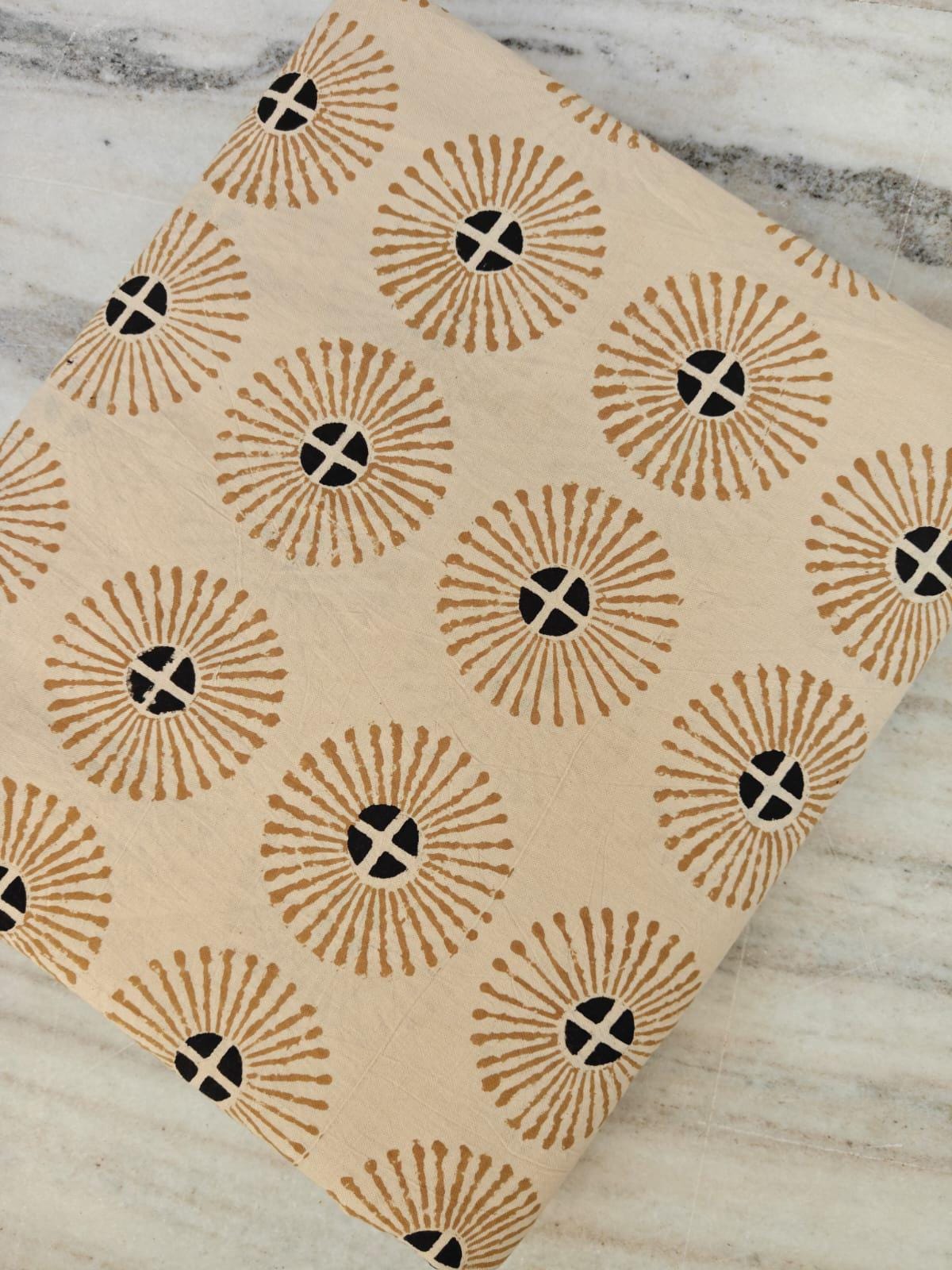 Sunburst Block Print Cotton Fabric, Beige Geometric Indian Fabric by the Yard