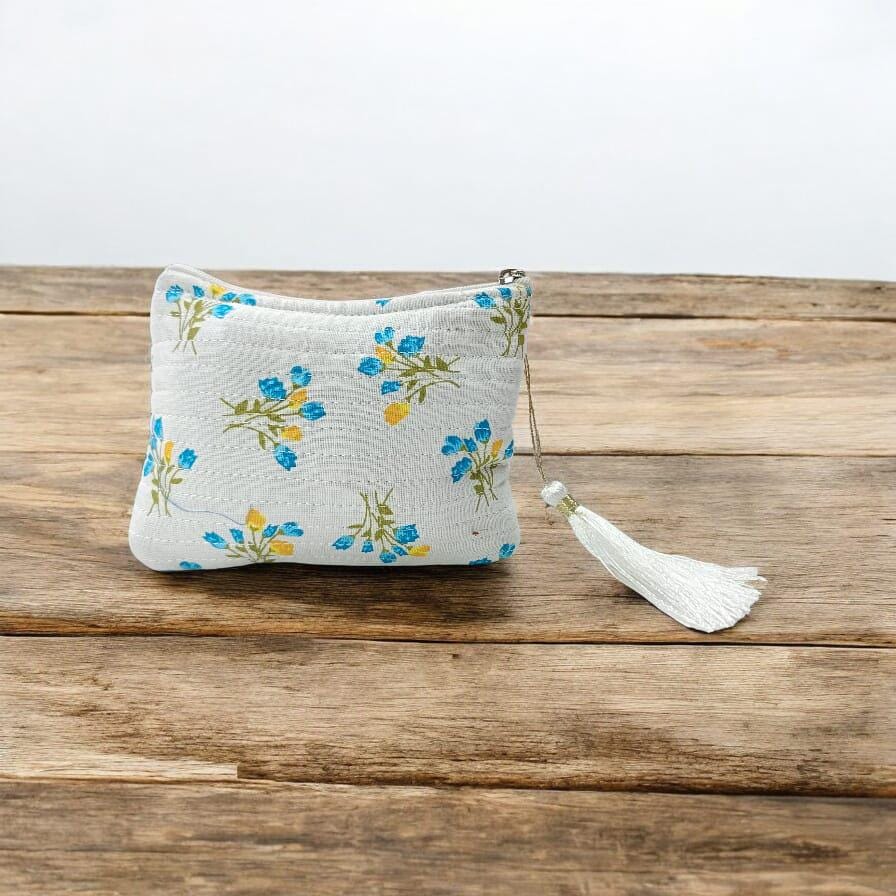 Multi Color Botanical Quilted Zipper Pouch – Small Travel Bag with Tassel | Gift for Her | Handmade Gift | Quilted Pouch With Tassel