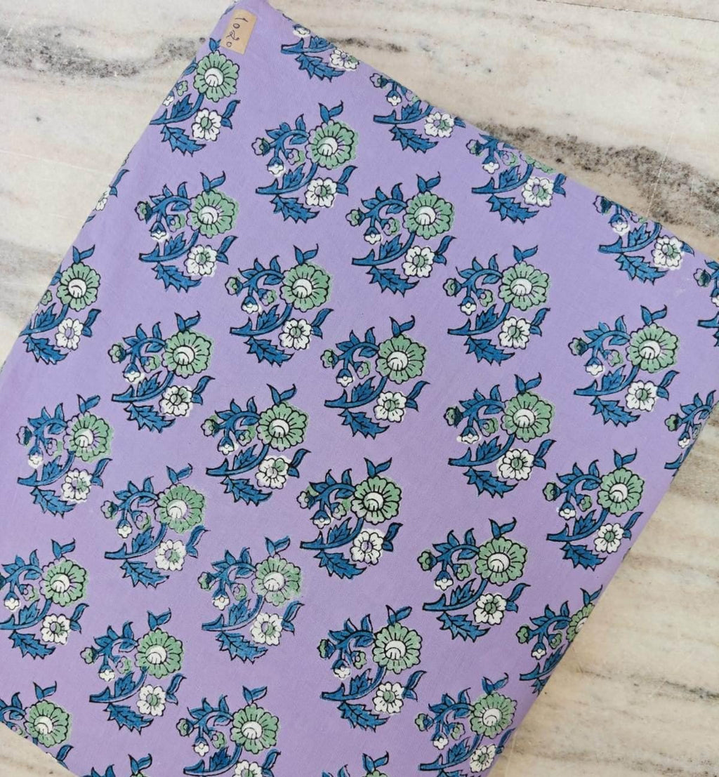 Lavender Floral Block Print Cotton Fabric | Indian Hand Block Printed Buta Fabric | Purple Floral Cotton for Sewing Quilting Dress Craft