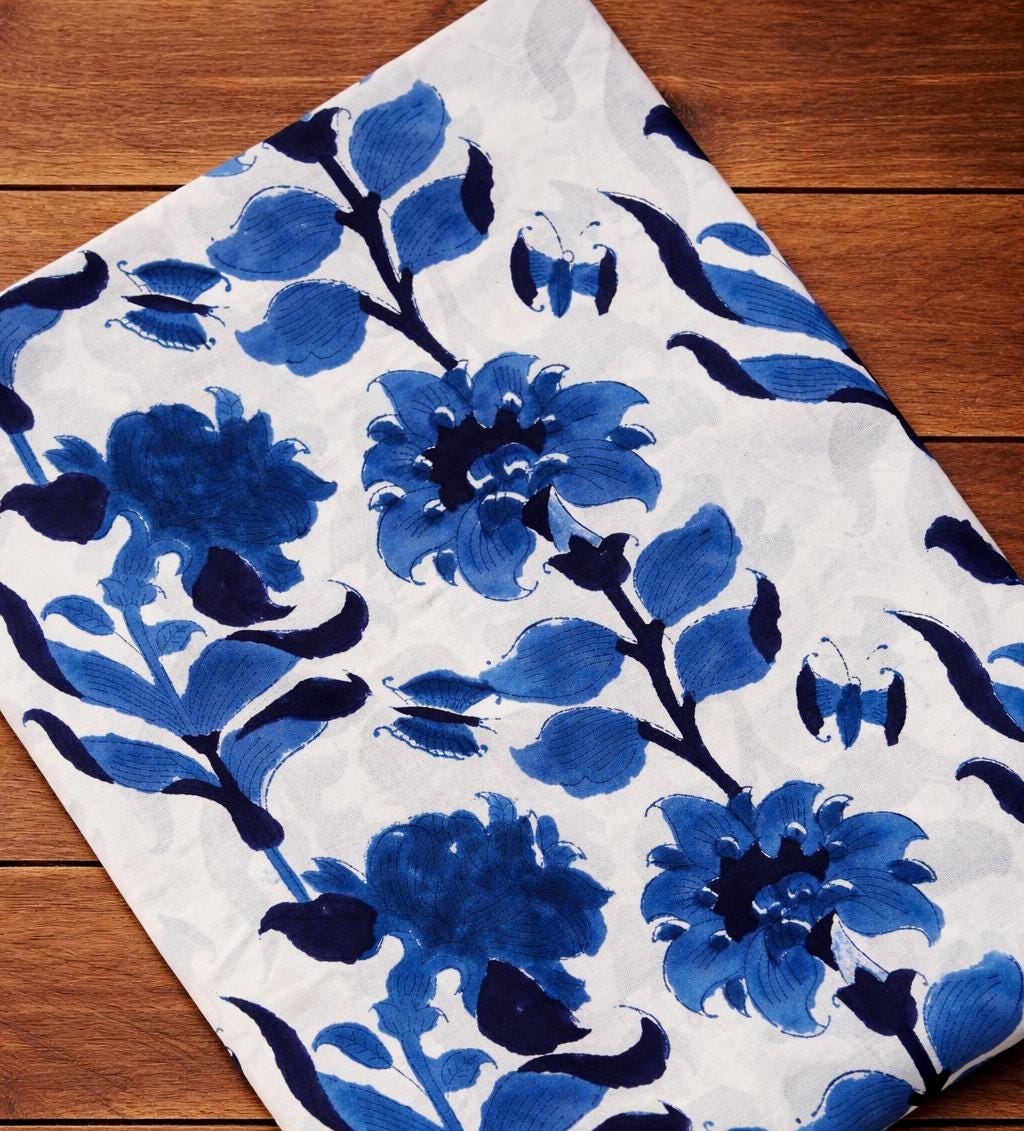 Blue Floral Cotton Fabric, Hand Block Print Fabric by Yard, White Indigo Flower Print Cotton Cloth for Sewing, Quilting, Dressmaking, Napkin