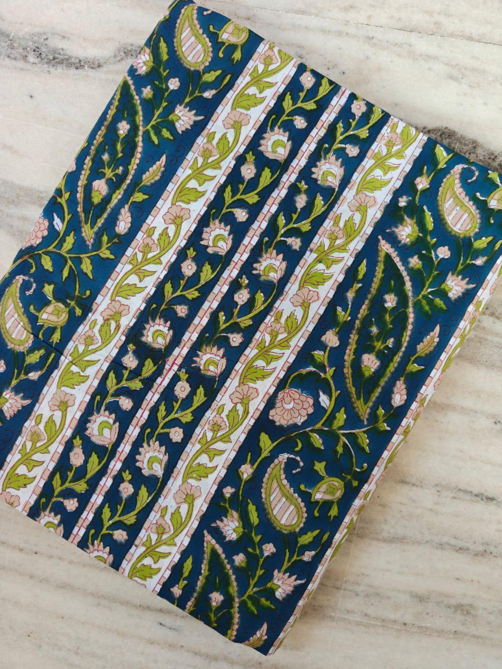 Blue Floral Stripe Cotton Fabric – Indian Block Print Paisley Fabric by the Yard – Boho Vine Pattern for Dressmaking, Quilting & Home Decor