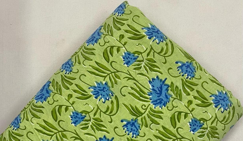 Green Indian Hand Block Print Fabric, 100% Cotton Quilting Fabric By The Yard, Fabric For Dress Making, Loose Running Fabric, Napkin Fabric