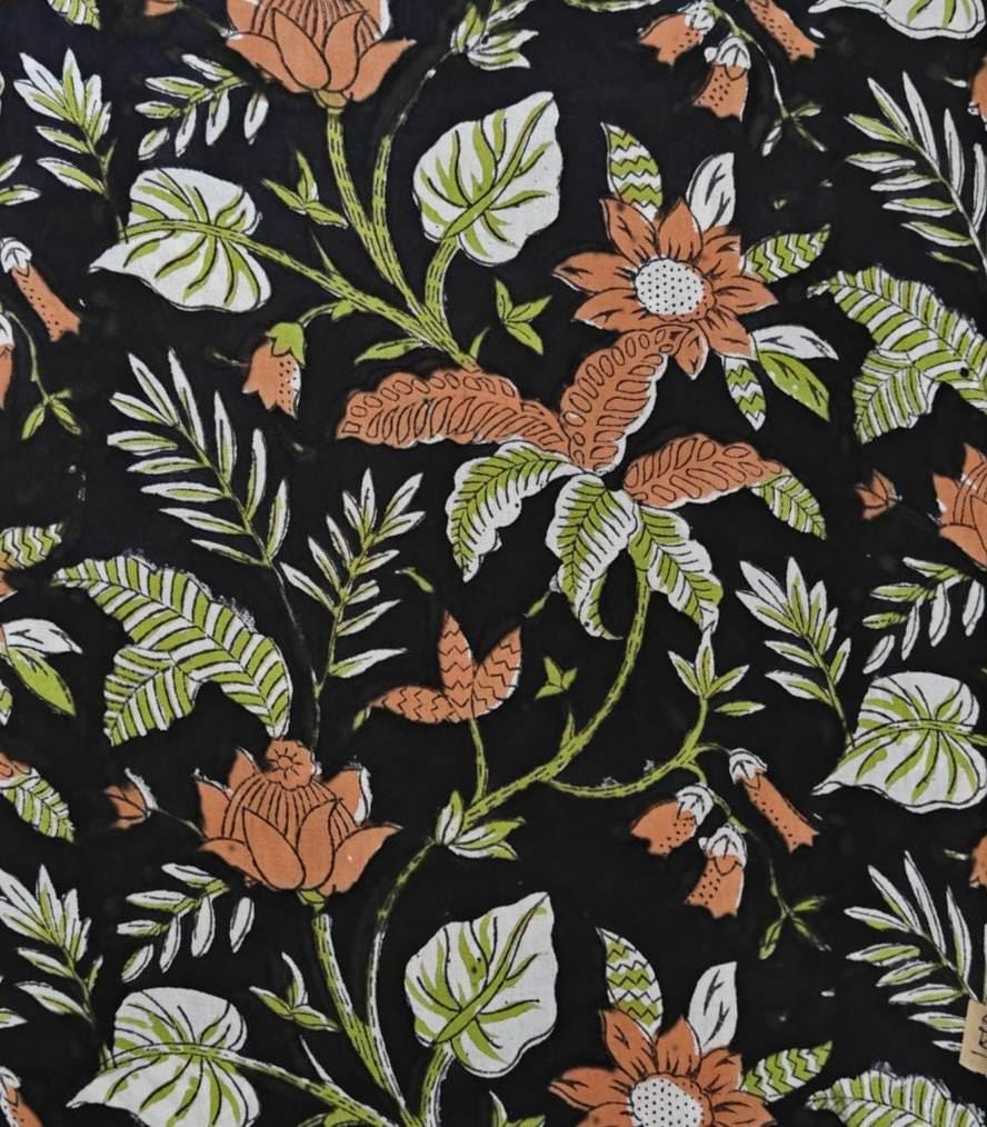 Black Floral Cotton Fabric by the Yard, Earthy Botanical Print, Brown & Green Block Print Style, Boho Dressmaking Quilting Fabric, Running
