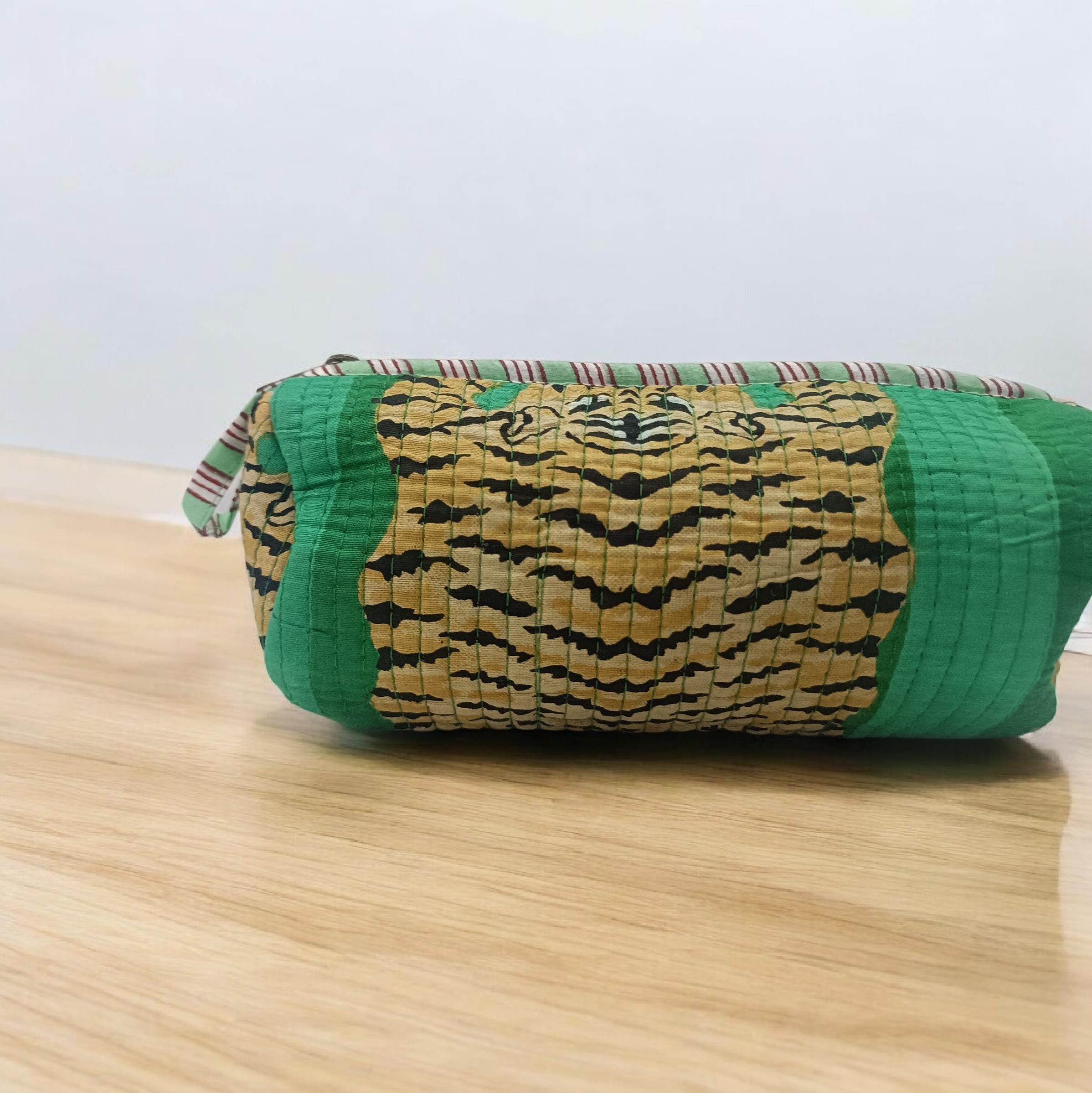 Handmade Quilted Tiger Print Cosmetic Pouch | Green Fabric Zipper Makeup & Toiletry Bag | Quilted Pouch | Green Cosmetic Bag | Gift For Her