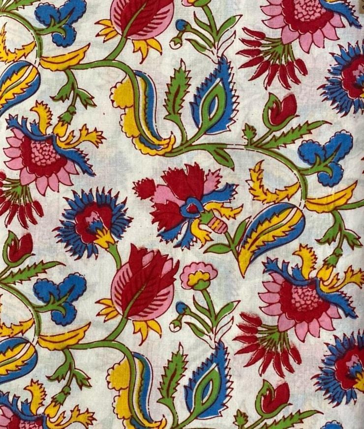 Indian Hand Block Print Fabric, Floral 100% Cotton Quilting Fabric By The Yard, Fabric For Dress Making, Loose Running Fabric, Napkin Fabric