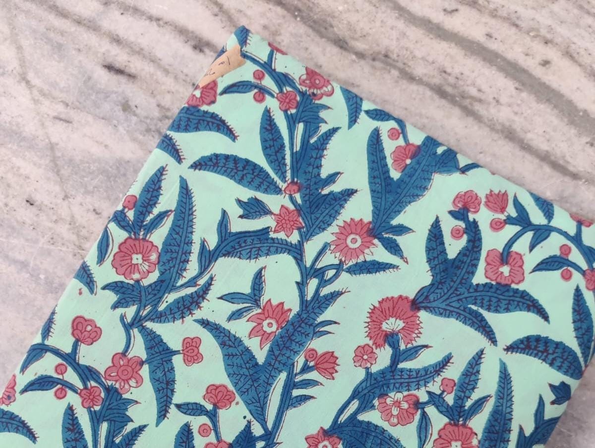 Blue Green Indian Hand Block Print Fabric, 100% Cotton Quilting Fabric By The Yard, Dressmaking Fabric, Loose Running Fabric, Napkin Fabric