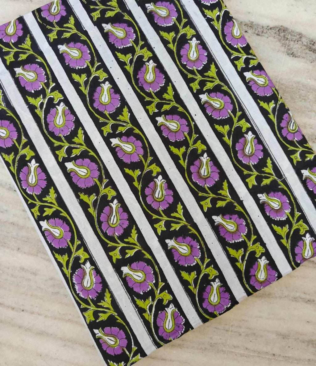 Black Striped Floral Cotton Fabric, Indian Block Print Fabric, Purple Green Boho Fabric, Soft Cotton for Sewing, Quilting, Dressmaking