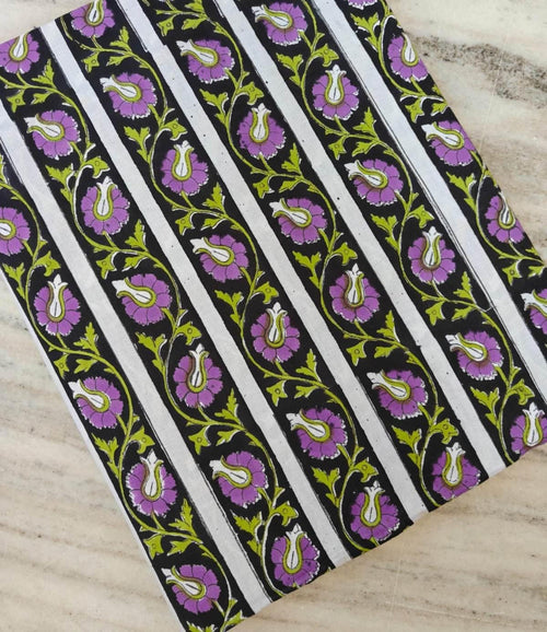 Black Striped Floral Cotton Fabric, Indian Block Print Fabric, Purple Green Boho Fabric, Soft Cotton for Sewing, Quilting, Dressmaking