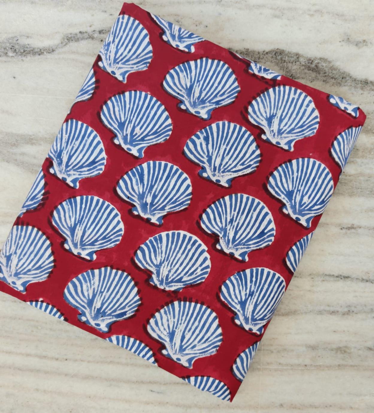 Red Seashell Block Print Cotton Fabric, Nautical Coastal Fabric, Blue Shell Indian Cotton Fabric, Beach Theme Quilting Craft Fabric by Yard