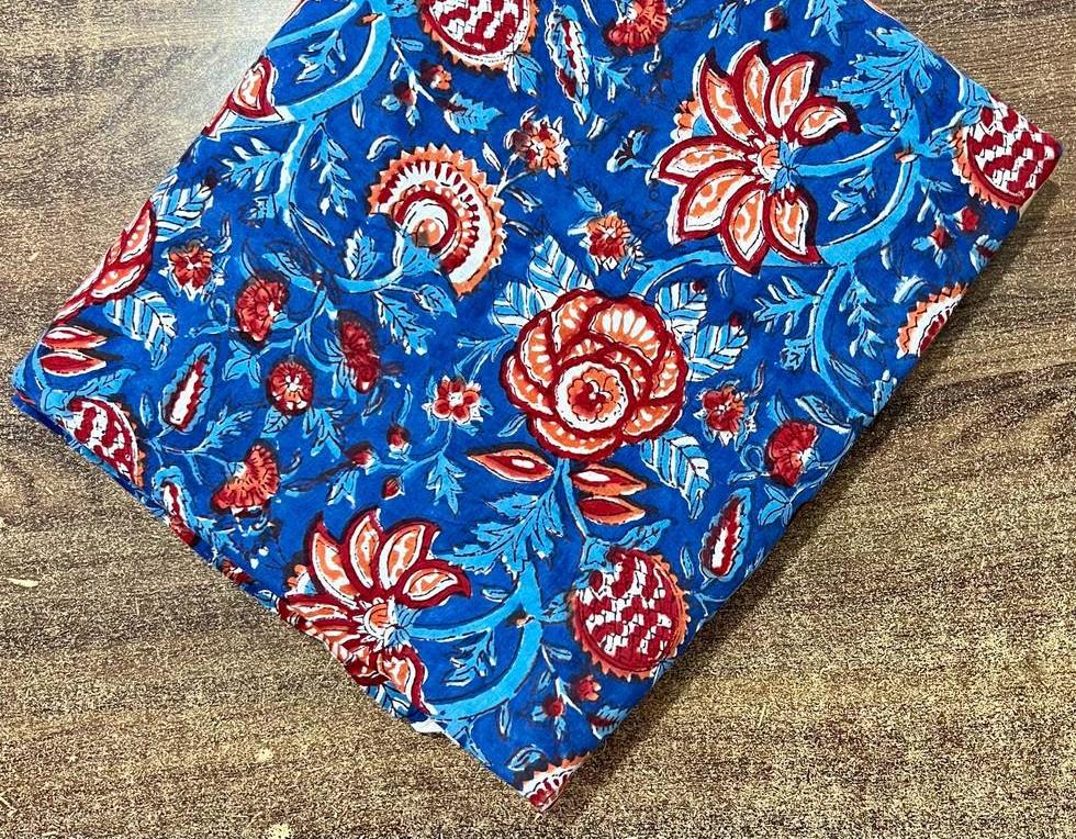 Blue Floral Cotton Fabric by Yard, Indian Block Print Cotton Cloth, Handmade Sewing Quilting Dressmaking Fabric, Running Cotton Fabric