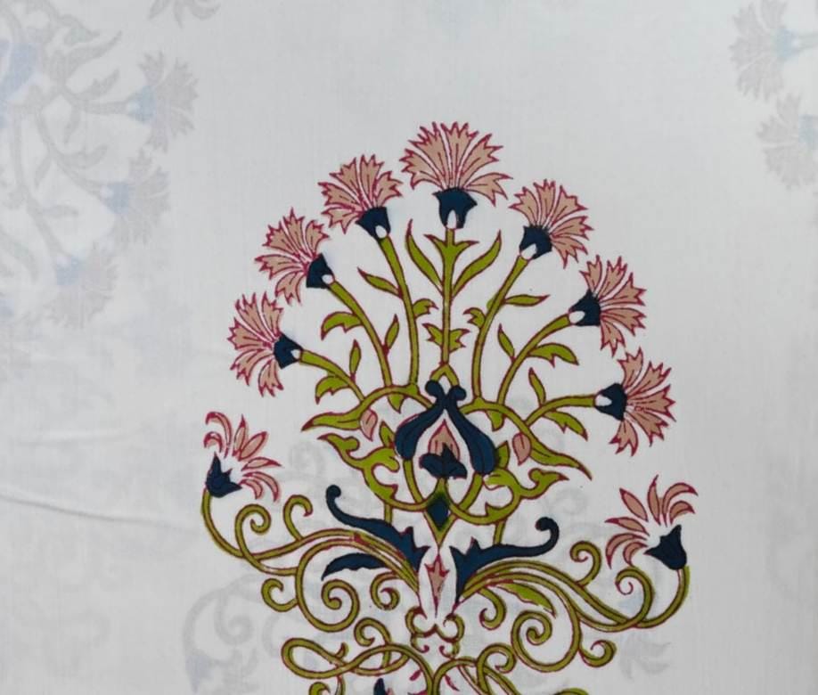 Indian Floral Cotton Fabric by the Yard, White Botanical Block Print Style Fabric, Pink Blue Flower Sewing Fabric for Dressmaking & Quilting
