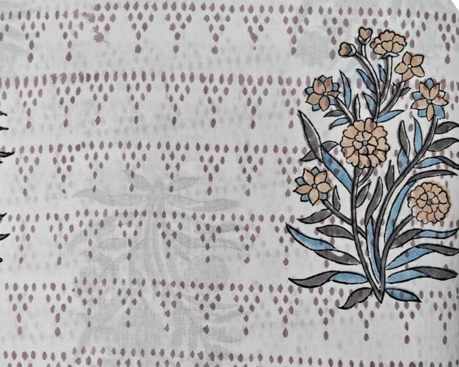 White Floral Cotton Fabric, Hand Block Print Fabric by the Yard, Indian Soft Cotton with Beige Flowers and Blue Leaves Fabric, Dressmaking