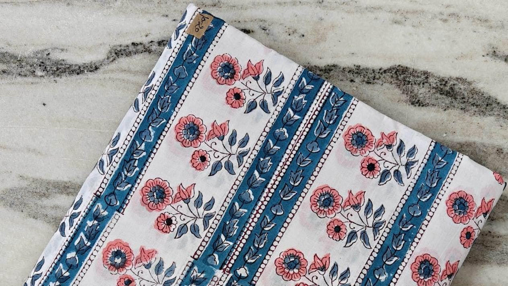 White Cotton Fabric with Blue Stripes & Pink Floral Print, Hand Block Print Cotton by the Yard, Indian Sewing Quilting Fabric Textile Fabric