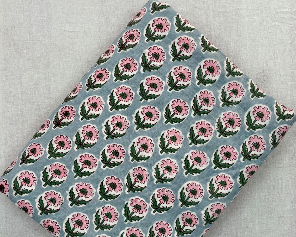 Light Blue Floral Cotton Fabric by Yard, Pink Flower Block Print Fabric, Indian Hand Block Cotton, Boho Dressmaking Quilting & Craft Fabric