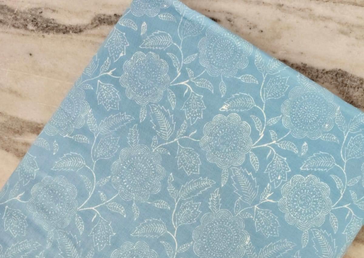Blue Floral Cotton Fabric by the Yard, White Botanical Print Sky Blue Fabric, Quilting Fabric, Loose Running Fabric, Handmade Napkin Fabric