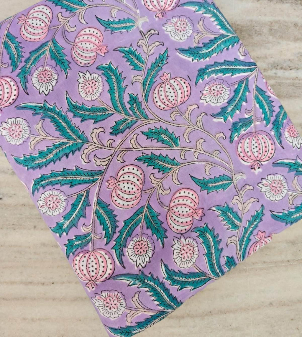 Purple and Teal Botanical Textile by the Yard, Lilac Cotton Fabric with Pink Floral Motif Fabric, Green Leaf Print Lightweight Sewing Fabric