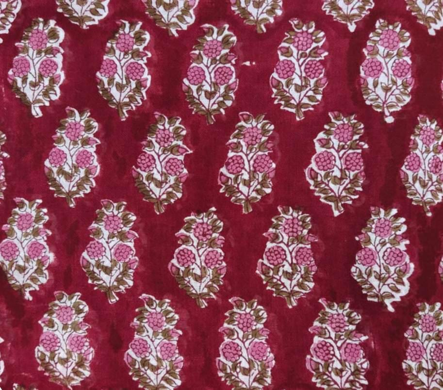 Hand Block Print Cotton Fabric, Red Booti Floral Indian Fabric by the Yard, Pink Buta Print Textile for Sewing, Quilting, Dressmaking Napkin