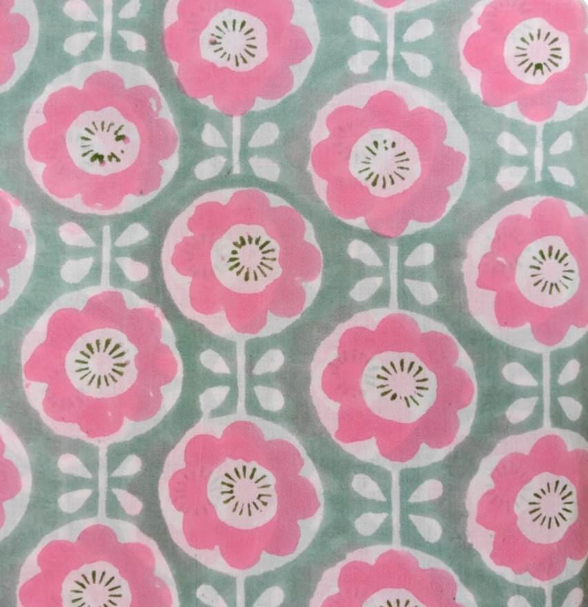Pink Floral Cotton Fabric, Mint Green Flower Print Fabric, Block Print Fabric, Soft Cotton Fabric by Yard, Summer Dress Fabric, Home Decor