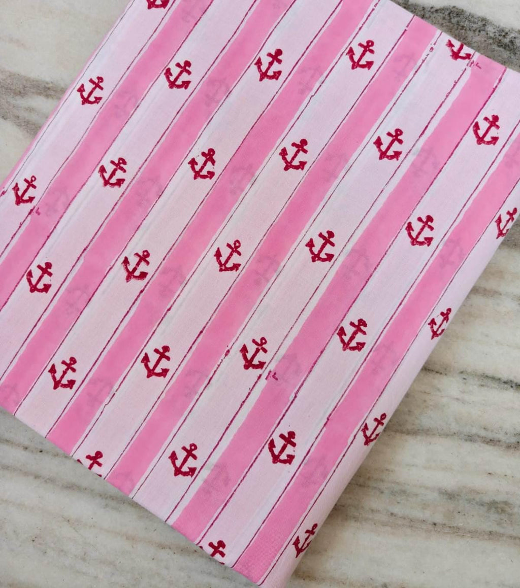 Pink Anchor Striped Cotton Fabric Nautical Marine Fabric by Yard Soft Cotton for Sewing Summer Dress Beach Theme Craft Bulk Fabric Available