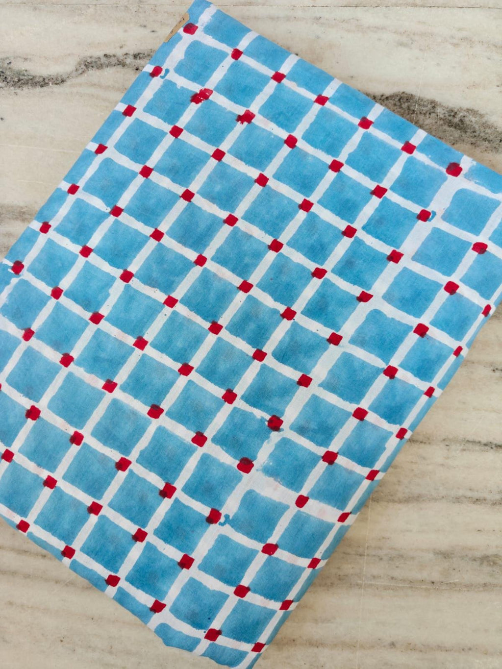 Blue Checkered Cotton Fabric by Yard, Geometric Grid Print Fabric, Hand Block Print Cotton Material, Quilting Dressmaking Home Decor Fabric