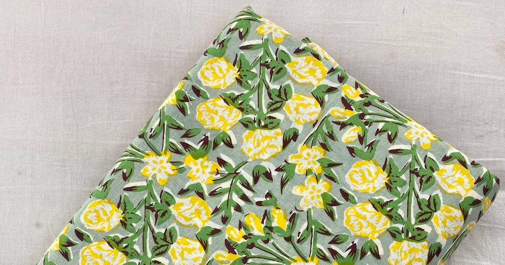 Yellow Floral Cotton Fabric | Hand Block Print Green Leaf Pattern | Soft Indian Cotton by the Yard | Sewing, Quilting, Dressmaking Fabric
