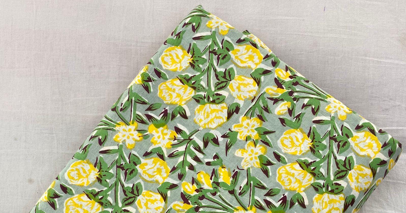 Yellow Floral Cotton Fabric | Hand Block Print Green Leaf Pattern | Soft Indian Cotton by the Yard | Sewing, Quilting, Dressmaking Fabric