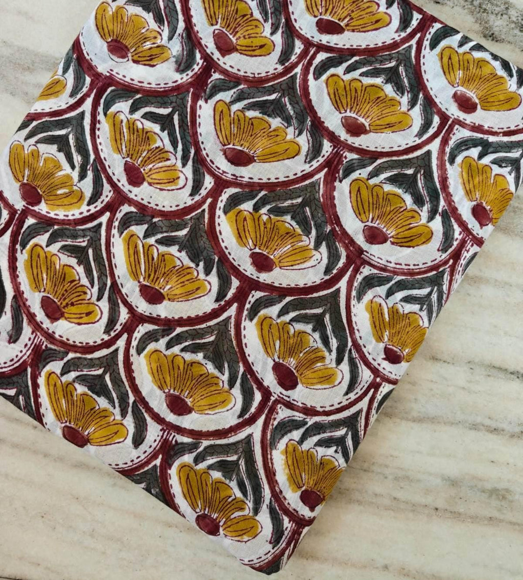 Mustard Yellow & Maroon Scallop Floral Cotton Fabric, Hand Block Print Style, Indian Botanical Textile, Boho Sewing Fabric Dressmaking