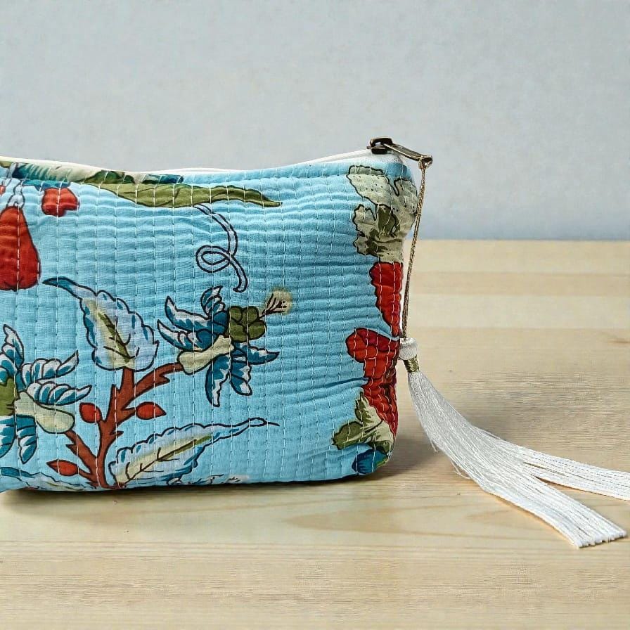 Floral Kantha Quilt Pouch | Blue Zipper Cosmetic Bag | Travel Toiletry Pouch | Waterproof Bags | Tassel Zipper Bags