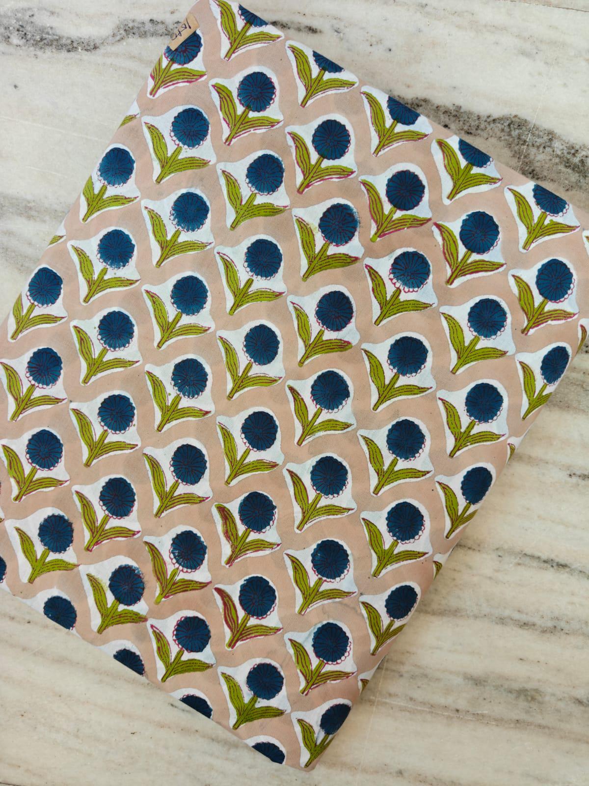 Blue Floral Hand Block Print Cotton Fabric, Indian Cotton Fabric by Yard, Beige Background Flower Print Fabric, Sewing, Dressmaking Fabric