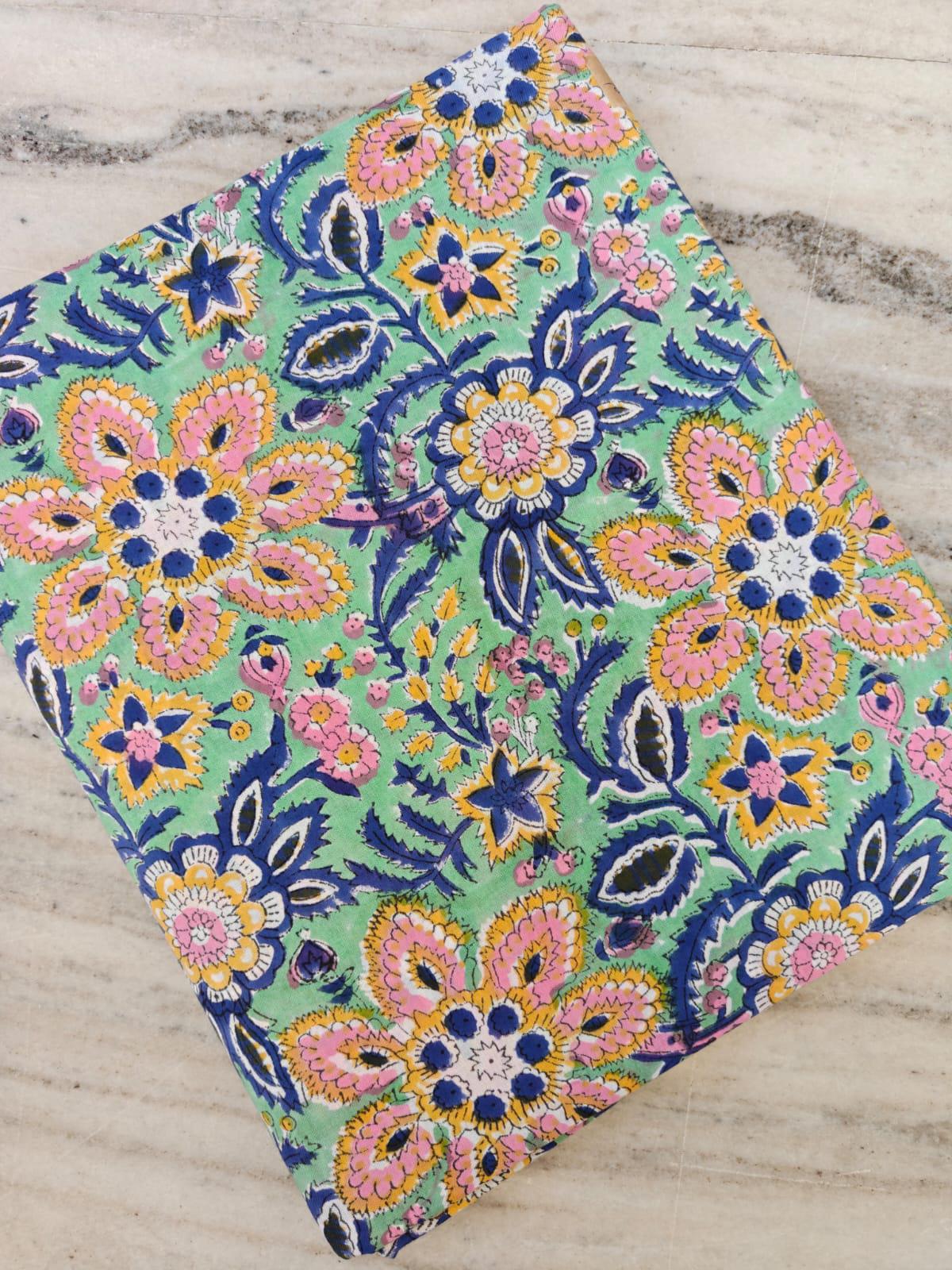 Mint Green Floral Cotton Fabric by the Yard, Pink Blue & Yellow Block Print Cotton, Indian Style Boho Fabric, Dressmaking Quilting Fabric