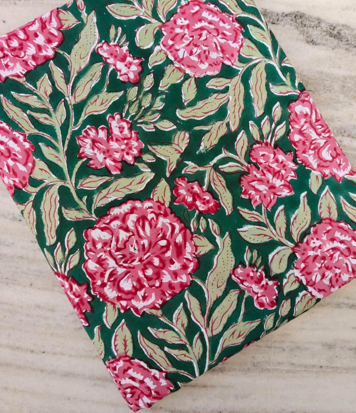 Green Floral Cotton Fabric by Yard, Pink Rose Hand Block Print Fabric, Indian Cotton Material for Dressmaking, Quilting & Home Decor Napkins