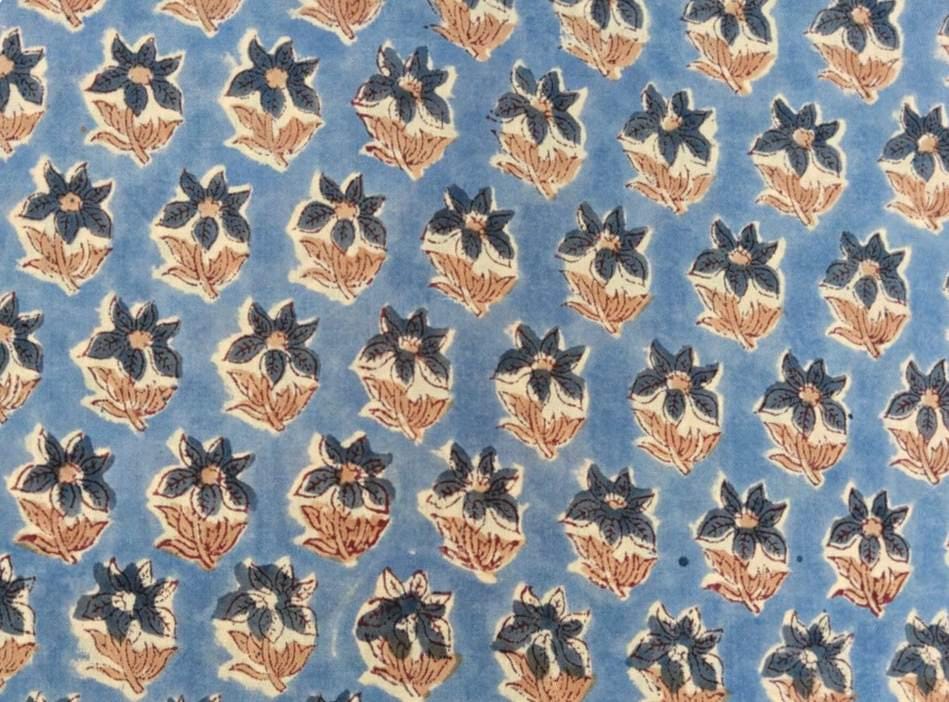 Blue Floral Block Print Cotton Fabric Hand Block Print Fabric Indian Cotton Fabric by Yard Small Flower Print Fabric Natural Cotton Fabric
