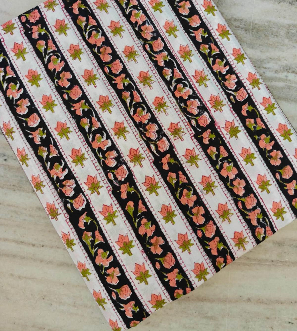 White and Black Floral Stripe Cotton Fabric by Yard, Indian Hand Block Print Fabric, Peach Flower Cotton Material for Dressmaking, Quilting