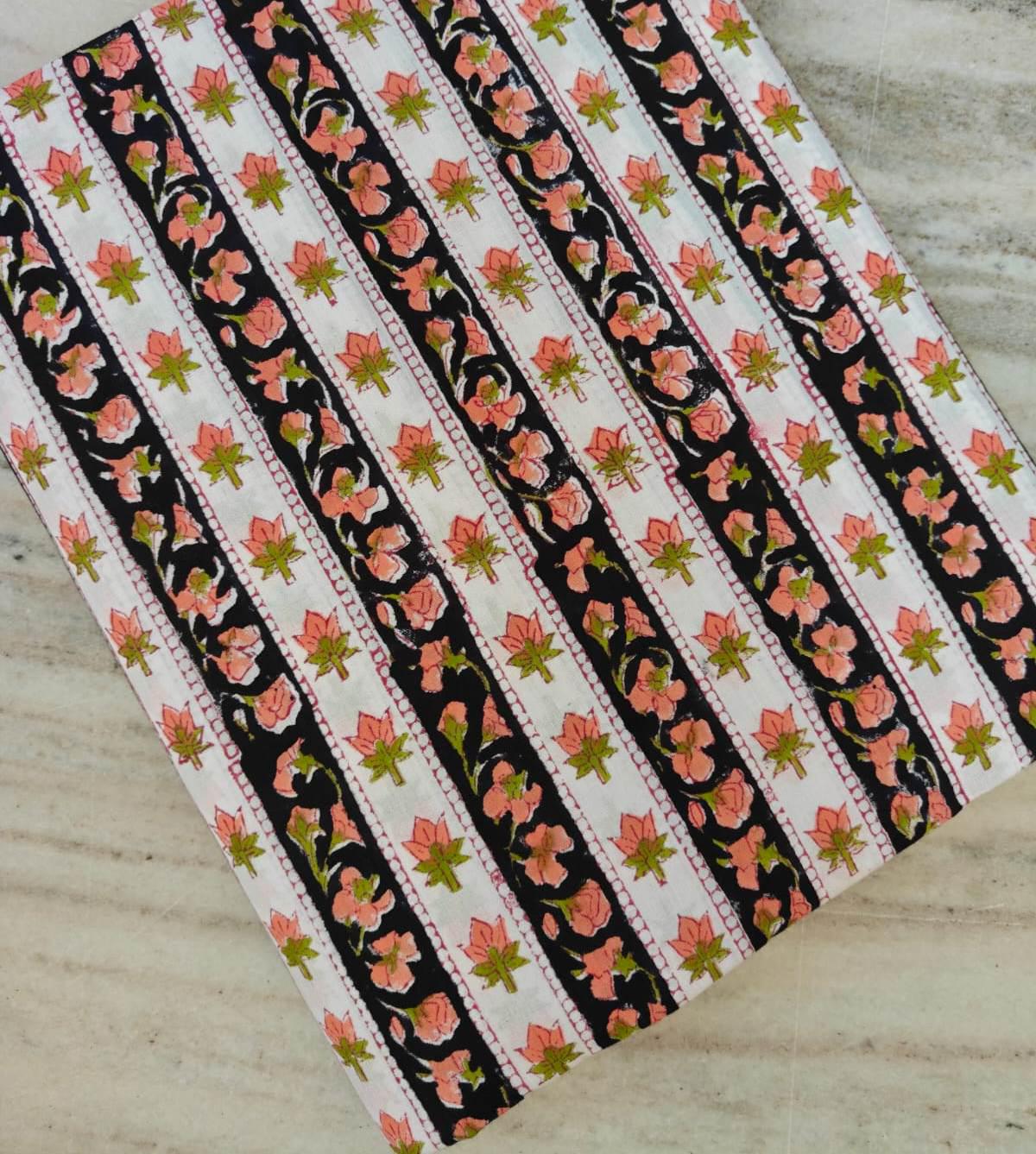White and Black Floral Stripe Cotton Fabric by Yard, Indian Hand Block Print Fabric, Peach Flower Cotton Material for Dressmaking, Quilting