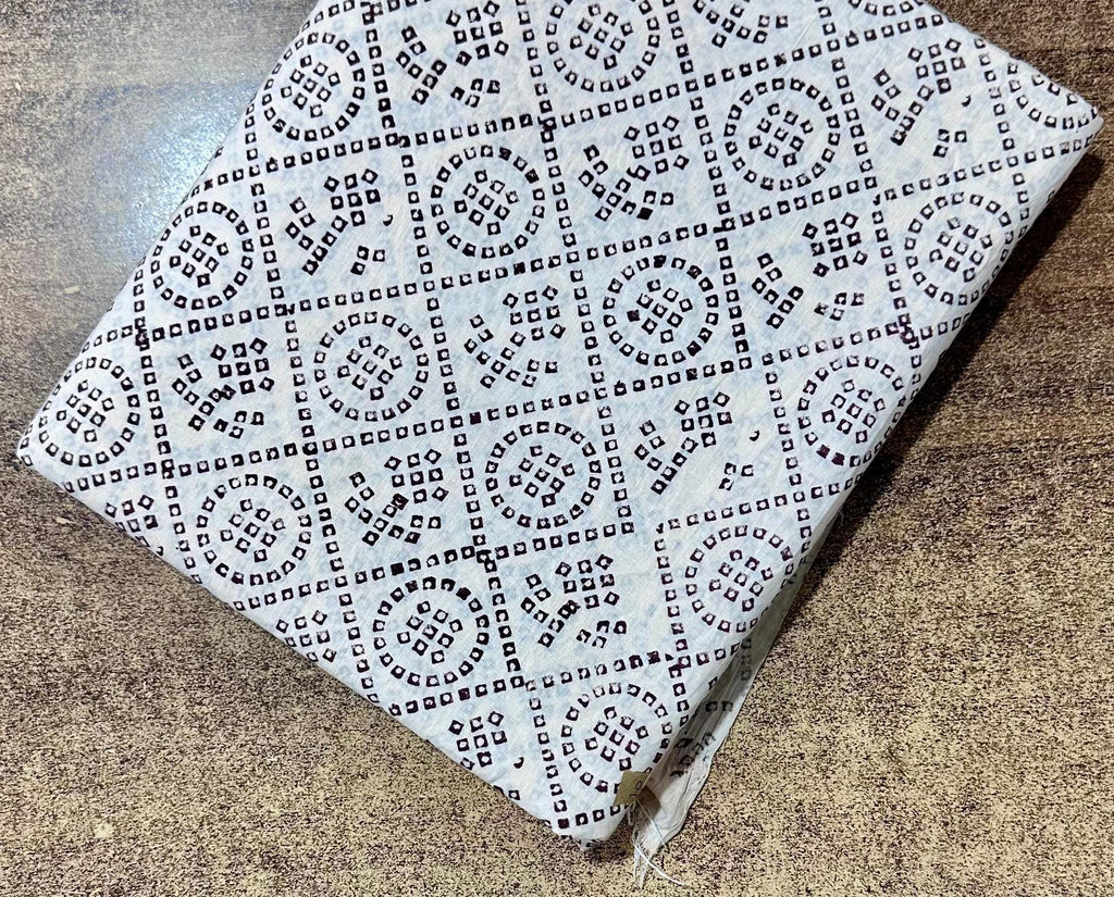 White Geometric Bandhani Indian Hand Block Print Fabric, Soft Cotton Fabric, Floral 100% Cotton Fabric By The Yard, Fabric For Loose Running