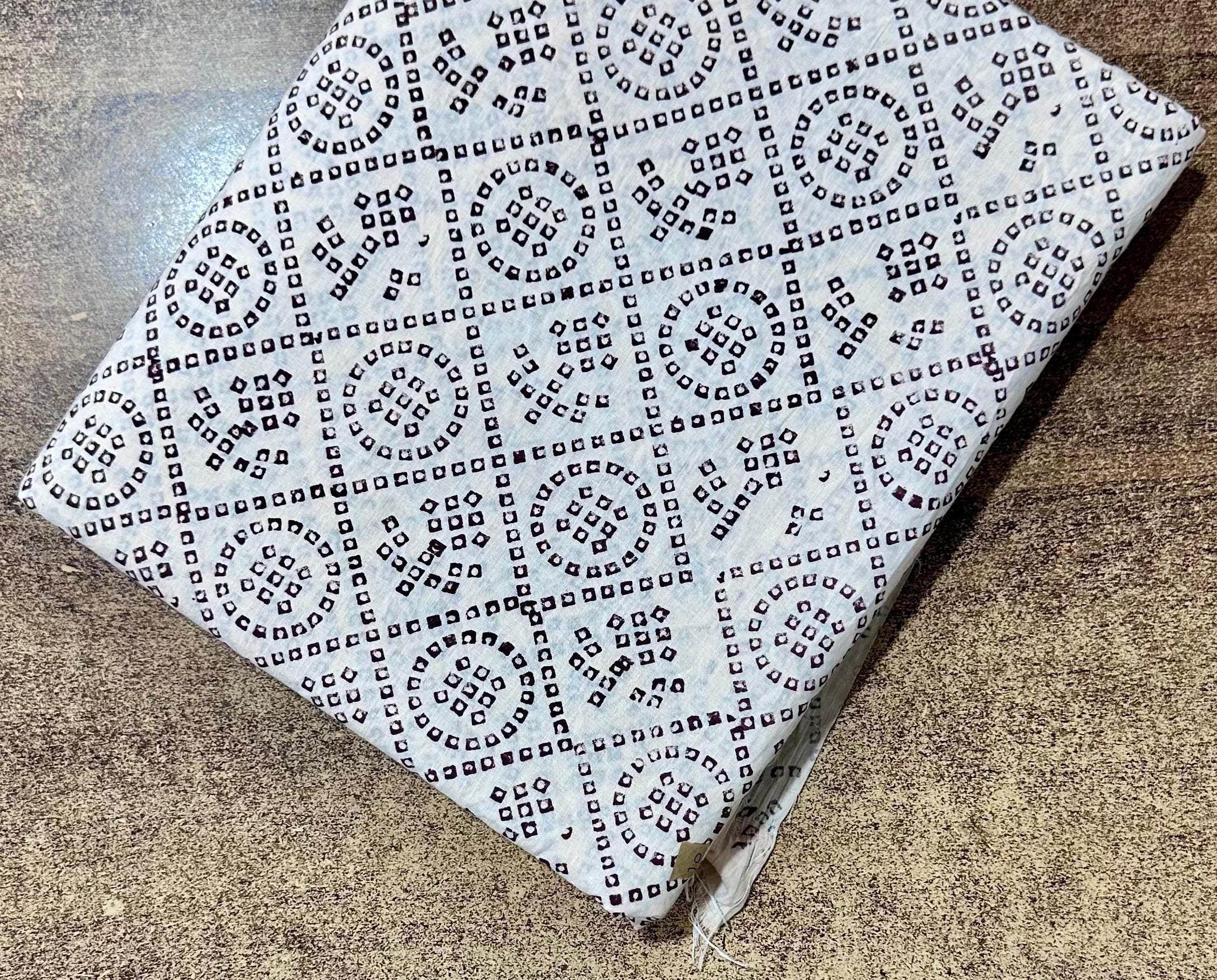 White Geometric Bandhani Indian Hand Block Print Fabric, Soft Cotton Fabric, Floral 100% Cotton Fabric By The Yard, Fabric For Loose Running